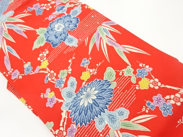 塩瀬型絵染牡丹に菊・笹・梅模様名古屋帯